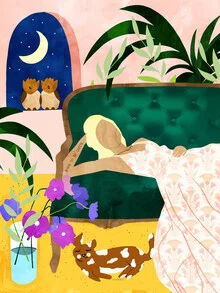 Wall art featuring a colorful woman and her cat celebrating feminism.
