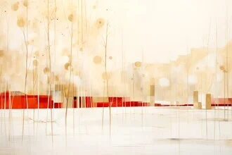 Illustration by Melanie Viola: geometric winter skyline with trees and snow.