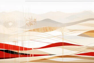 Geometric illustration featuring snowy hills and a covered field.