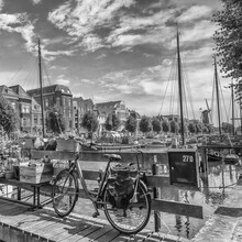 Monochrome photo art by Melanie Viola: serene harbor scene in Delfshaven, Rotterdam