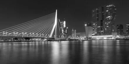 Monochrome panorama of the Erasmus Bridge in Rotterdam at night.