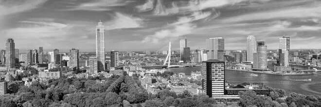 Monochrome panorama of Rotterdam from Euromast featuring skyscrapers and bridges