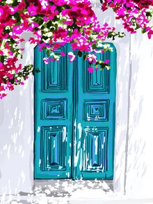 Illustration eines traditionellen Hauses in Santorini mit bunten Bougainvillea.