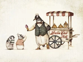 Illustration von Mike Koubou: fröhliche Pinguine mit Eisleckereien in einer kalten Landschaft