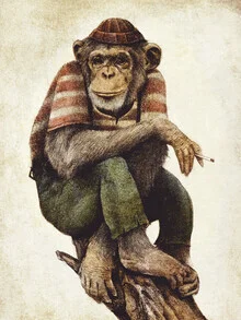 Illustration von Mike Koubou: entspannter Affe mit Rauch in retro Stil