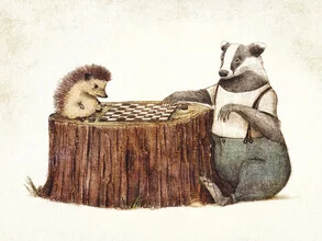 Illustration by Mike Koubou: playful animals in the forest featuring a hedgehog and a badger
