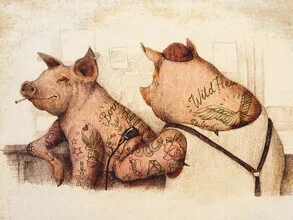 Illustration by Mike Koubou: cute pig in retro style, playful colors.