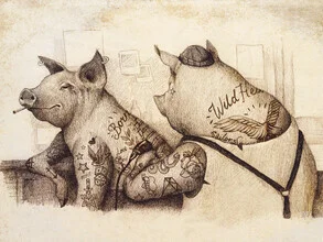 Illustration of pigs with tattoo design in a retro style by Mike Koubou.