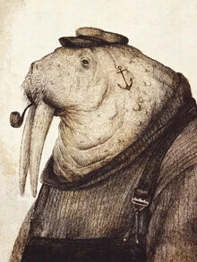 Illustration by Mike Koubou: a sailor with a walrus at sea
