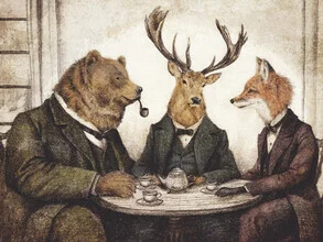 Illustration by Mike Koubou: playful tea time with animals in a cozy setting.