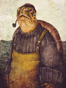 Illustration of a lightkeeper with a turtle in a retro style.