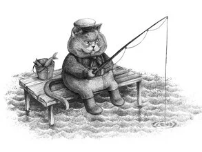 Illustration by Mike Koubou: cat with fishing net in a cheerful scene.