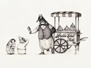 Illustration by Mike Koubou: cheerful penguins enjoying ice treats in a cold setting.