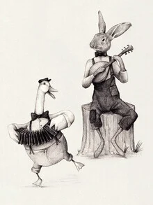 Illustration by Mike Koubou: rabbits and a duck in a harmonious musical setting.