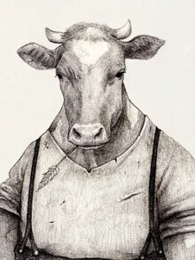 Illustration eines Farmers mit Tieren in einem ländlichen Umfeld