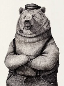 Illustration of a sailor with a bear in a calm setting