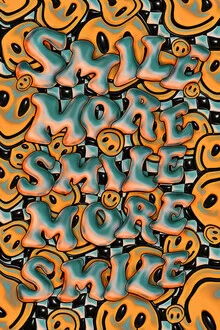 Wall art featuring a humorous quote about smiling and positive energy.