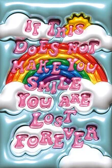 Wall art featuring colorful bubbles under a rainbow over a sunny cloud landscape.