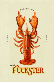 Wall art featuring a humorous lobster showing a middle finger.