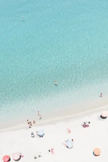 Photo art: Aerial view of a beach in Tropea, Italy with blue water and sand.