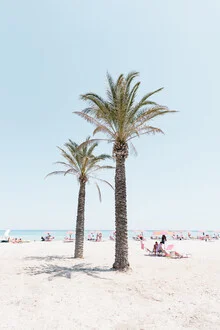 Beach scene with people, umbrellas, and palm trees in Sicily