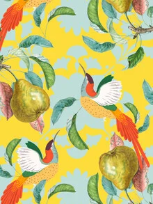 Wall art featuring exotic animals and botanical patterns in vibrant colors.