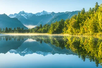 Photo art by Jean Claude Castor: calm morning at Lake Matheson in New Zealand