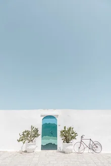 Tür in Ostuni mit einer weißen Wand und grünen Pflanzen, sonniger und mediterraner Eindruck