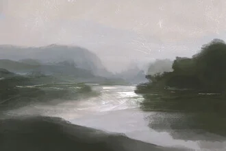 Wandbild von Dan Hobday: sanfte Hügel unter einem klaren Himmel und warmem Sonnenlicht.