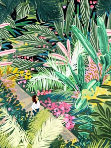 Colorful illustration featuring tropical plants in a bohemian style