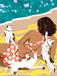 Illustration of a woman with a cat on the beach, relaxed atmosphere, bohemian style.