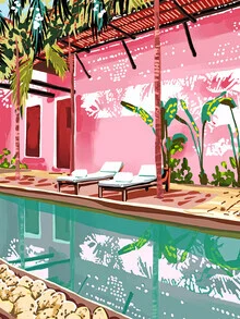 Illustration of a summer villa in soft pink and green tones, inspired by boho style.