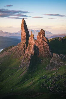 Photo art by Jean Claude Castor: alpenglow over the Old Man of Storr in Scotland