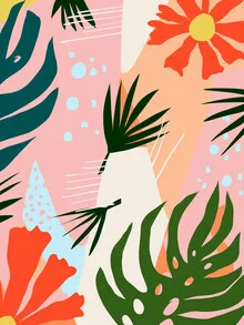 Wall art featuring tropical plants in soft pastel colors, creating a calming mood.