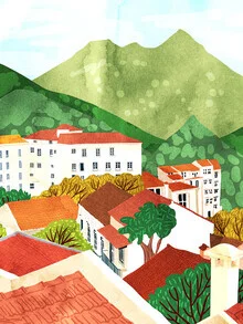 Wall art in watercolor style: peaceful town landscape with gentle hills