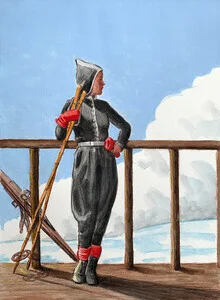 Wandbild von Sarah Morrissette: Schifahrerin mit roten Handschuhen in den Bergen