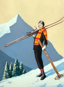 Illustration einer Frau mit buntem Schal, sportlich in einer schneebedeckten Landschaft.