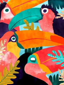 Illustration of a colorful toucan flock in the jungle, cheerful and lively mood.