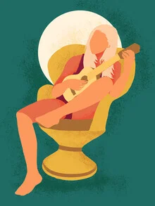 Illustration by Uma Gokhale: a woman immersed in music playing the guitar.