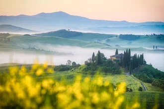 Photo art by Jean Claude Castor: picturesque Tuscany with rapeseed and gentle fog