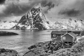 Photo art by Mikolaj Gospodarek: fishing hut in Lofoten, Norway, during sunset.