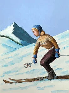 Illustration einer jungen Frau, die fröhlich im Retro-Pullover Ski fährt.