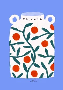 Illustration by Matías Larraín: stylish vase design featuring oranges and the word Valencia