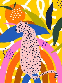 Colorful wall art featuring a leopard in a rainbow, cheerful and vibrant composition.