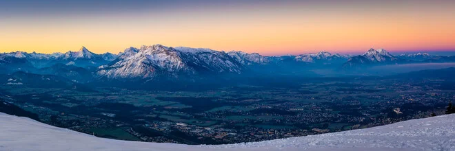 Photo art by Martin Wasilewski: Panorama of the Chiemgau Alps at sunrise.