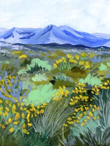 Wandbild von Sarah Gesek: liebevolle Berglandschaft mit Blumenwiese im Pastellstil