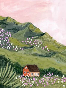 Illustration von Sarah Gesek: ein lieblicher Sommerhaus mit Blumenwiese