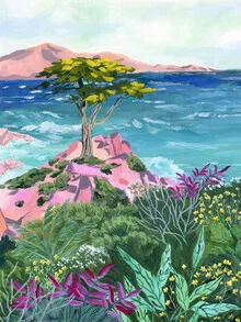 Wall art by Sarah Gesek: Pine and cypress by the Pacific Ocean in summer