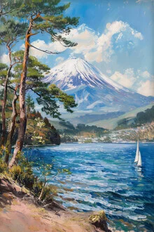 Wandbild von Nikki Thaitanom: ruhige Landschaft mit dem Fuji und dem blauen Wasser des Ashi-Sees