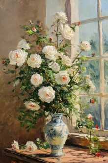 Illustration by Nikki Thaitanom featuring white roses in a blue and white vase by a window.